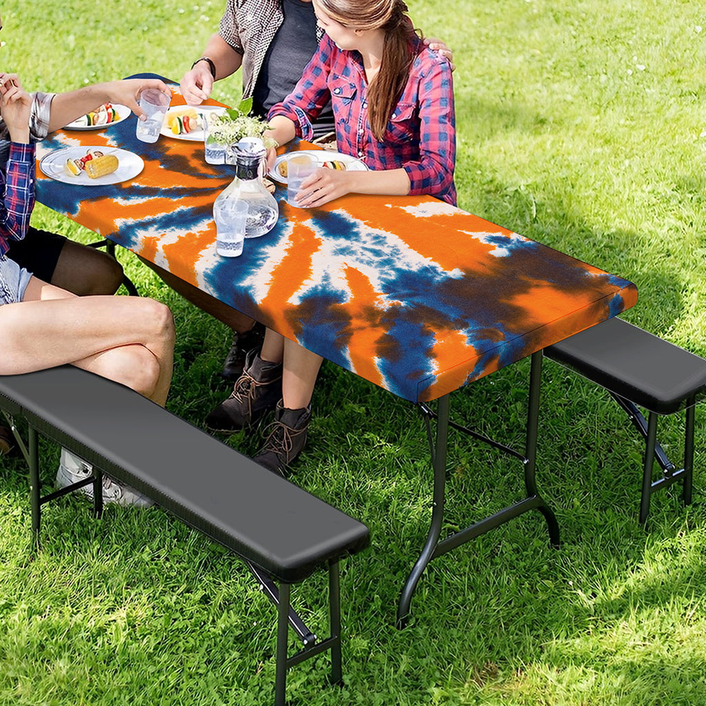 Blue And Orange Spider Tie Dye Print Picnic Table Cover