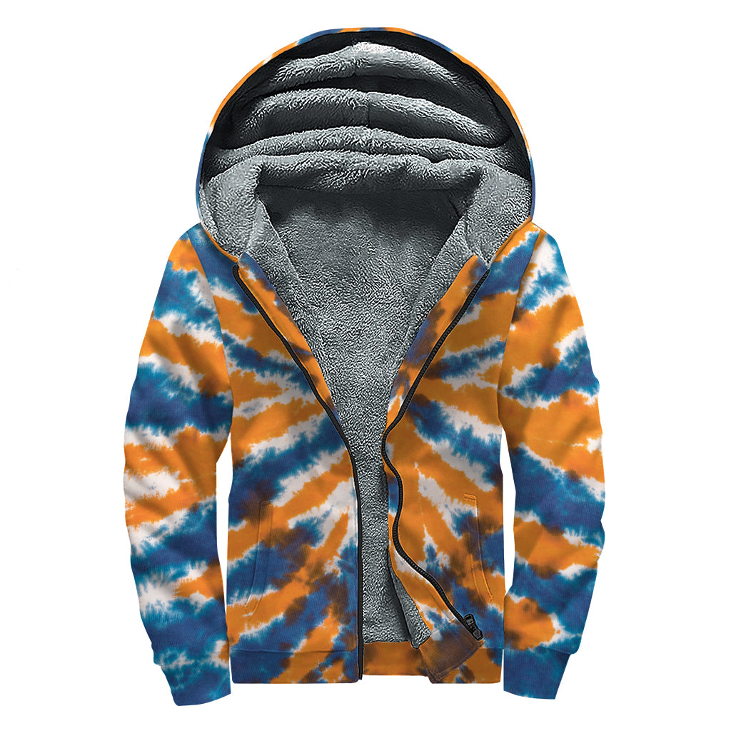 Blue And Orange Spider Tie Dye Print Sherpa Lined Zip Up Hoodie
