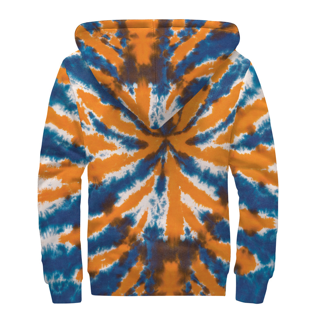 Blue And Orange Spider Tie Dye Print Sherpa Lined Zip Up Hoodie