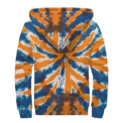 Blue And Orange Spider Tie Dye Print Sherpa Lined Zip Up Hoodie
