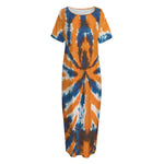 Blue And Orange Spider Tie Dye Print Short Sleeve Long Nightdress