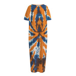 Blue And Orange Spider Tie Dye Print Short Sleeve Long Nightdress