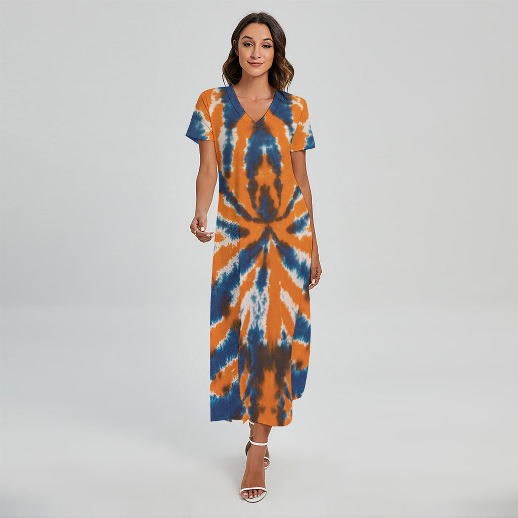 Blue And Orange Spider Tie Dye Print Short Sleeve Maxi Dress