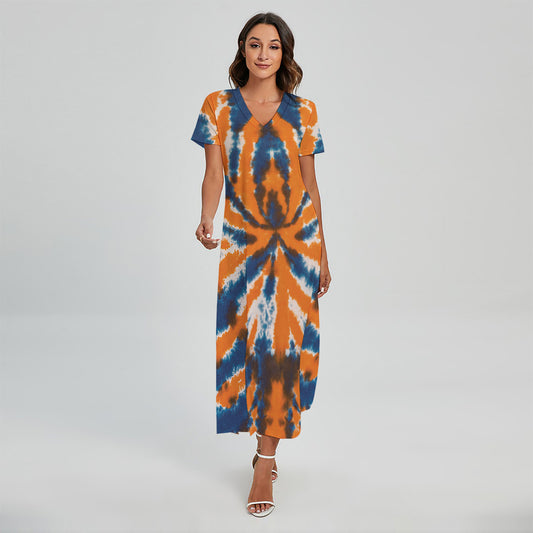Blue And Orange Spider Tie Dye Print Short Sleeve Maxi Dress