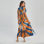 Blue And Orange Spider Tie Dye Print Short Sleeve Maxi Dress