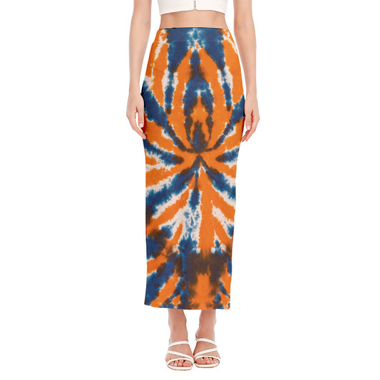 Blue And Orange Spider Tie Dye Print Side Slit Maxi Skirt
