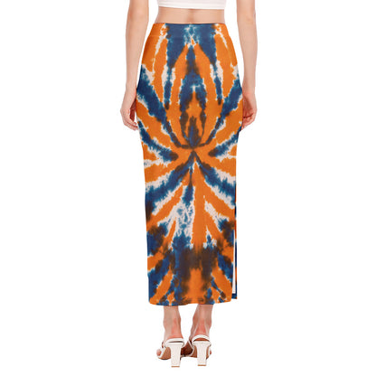 Blue And Orange Spider Tie Dye Print Side Slit Maxi Skirt