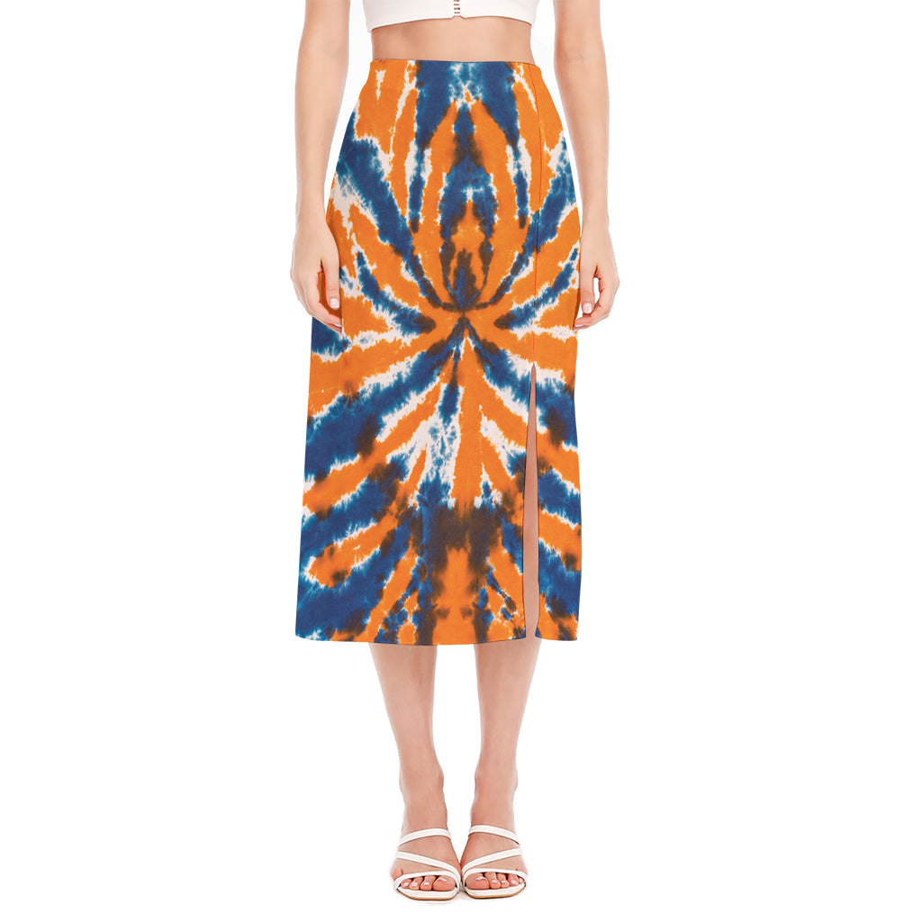 Blue And Orange Spider Tie Dye Print Side Slit Midi Skirt