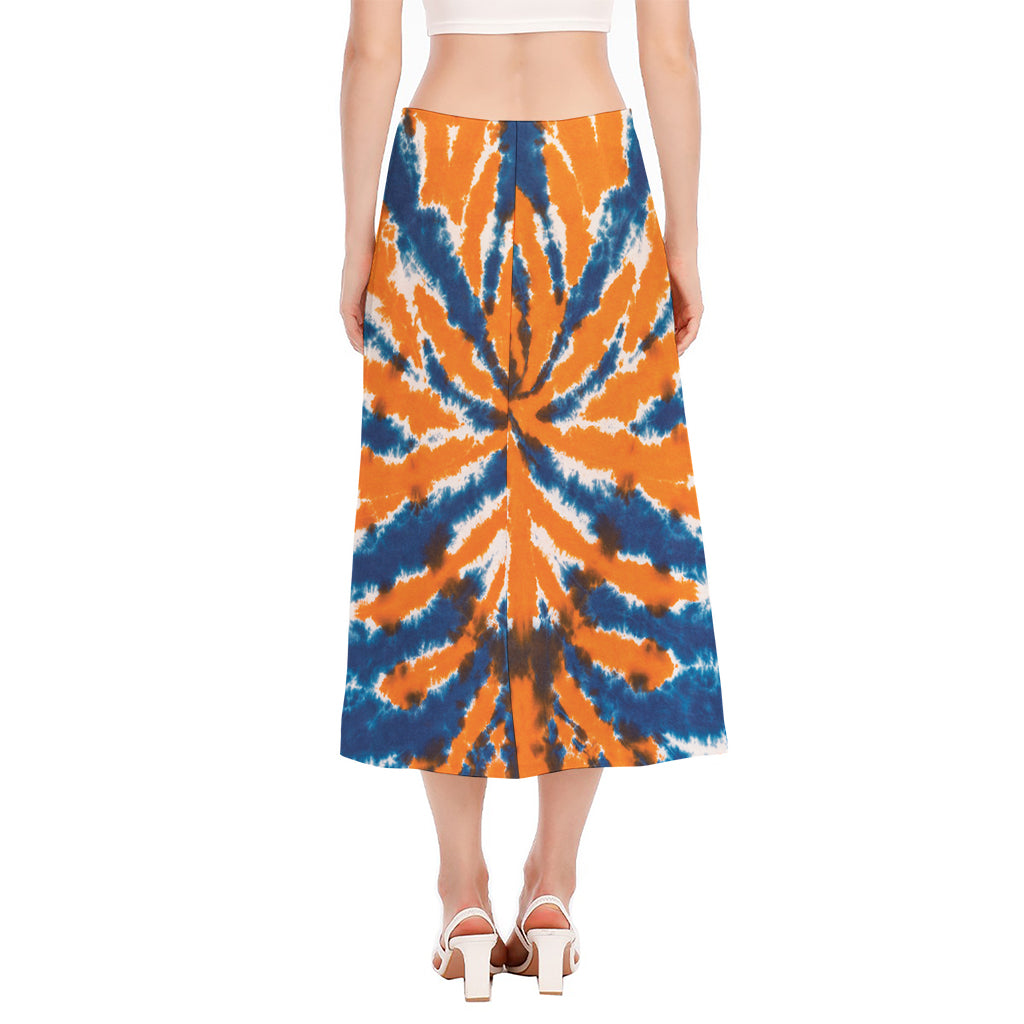 Blue And Orange Spider Tie Dye Print Side Slit Midi Skirt
