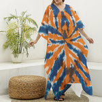 Blue And Orange Spider Tie Dye Print Silk V-Neck Kaftan Dress