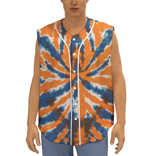 Blue And Orange Spider Tie Dye Print Sleeveless Baseball Jersey