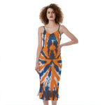 Blue And Orange Spider Tie Dye Print Slim Fit Midi Cami Dress