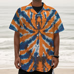 Blue And Orange Spider Tie Dye Print Textured Short Sleeve Shirt