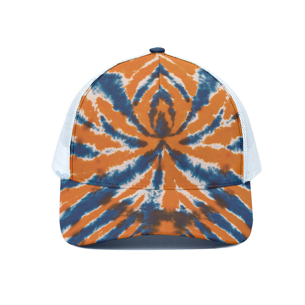 Blue And Orange Spider Tie Dye Print White Mesh Trucker Cap