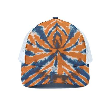 Blue And Orange Spider Tie Dye Print White Mesh Trucker Cap