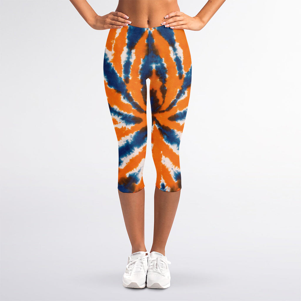 Blue And Orange Spider Tie Dye Print Women's Capri Leggings