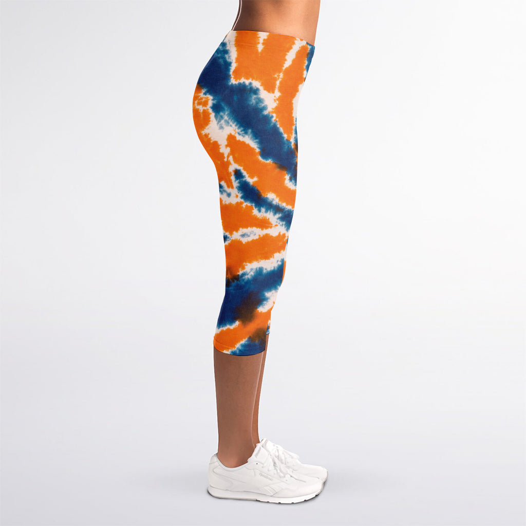 Blue And Orange Spider Tie Dye Print Women's Capri Leggings