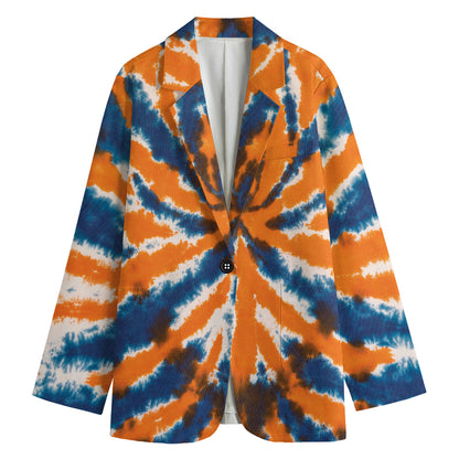 Blue And Orange Spider Tie Dye Print Women's Cotton Blazer