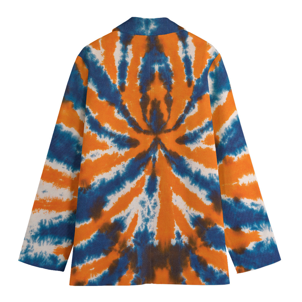 Blue And Orange Spider Tie Dye Print Women's Cotton Blazer