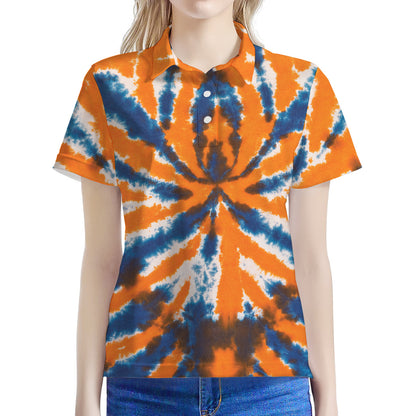 Blue And Orange Spider Tie Dye Print Women's Polo Shirt