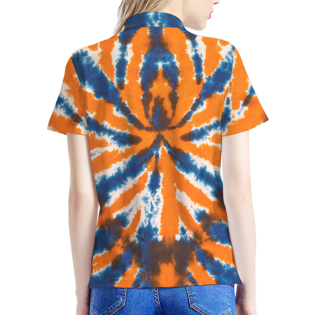 Blue And Orange Spider Tie Dye Print Women's Polo Shirt