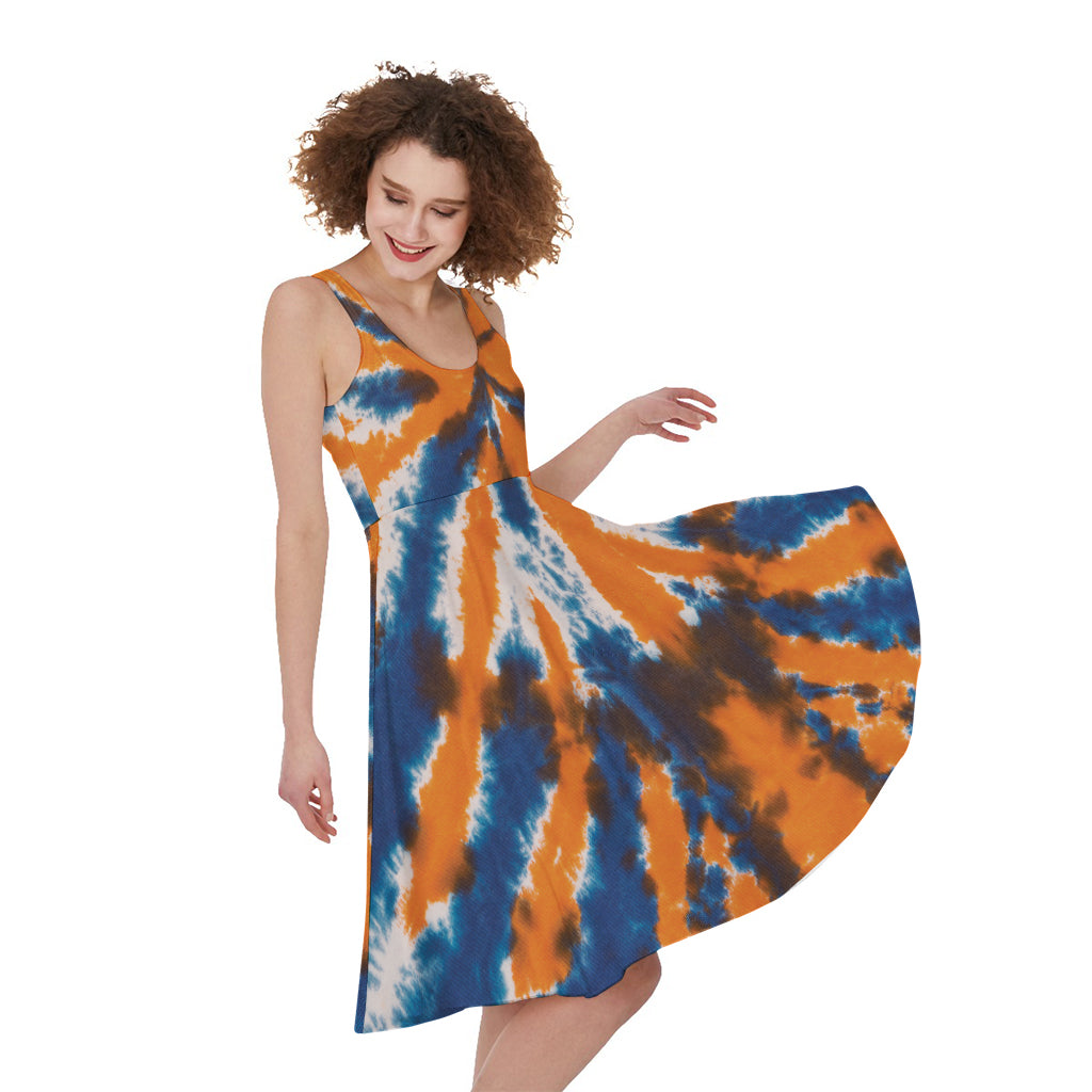 Blue And Orange Spider Tie Dye Print Women's Sleeveless Dress