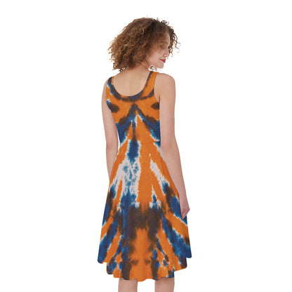Blue And Orange Spider Tie Dye Print Women's Sleeveless Dress