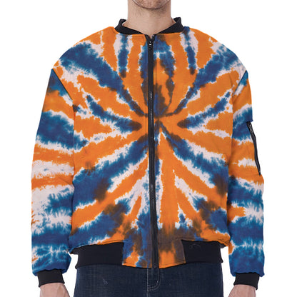 Blue And Orange Spider Tie Dye Print Zip Sleeve Bomber Jacket
