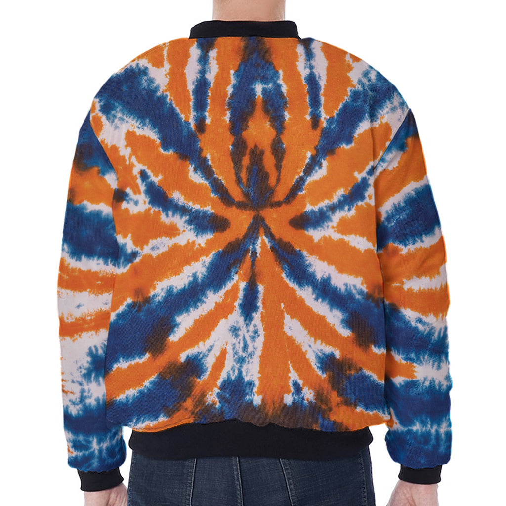 Blue And Orange Spider Tie Dye Print Zip Sleeve Bomber Jacket