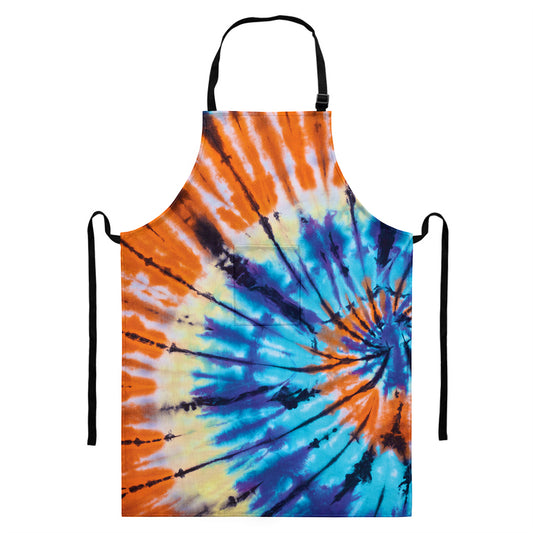 Blue And Orange Tie Dye Print Bib Apron With Pocket