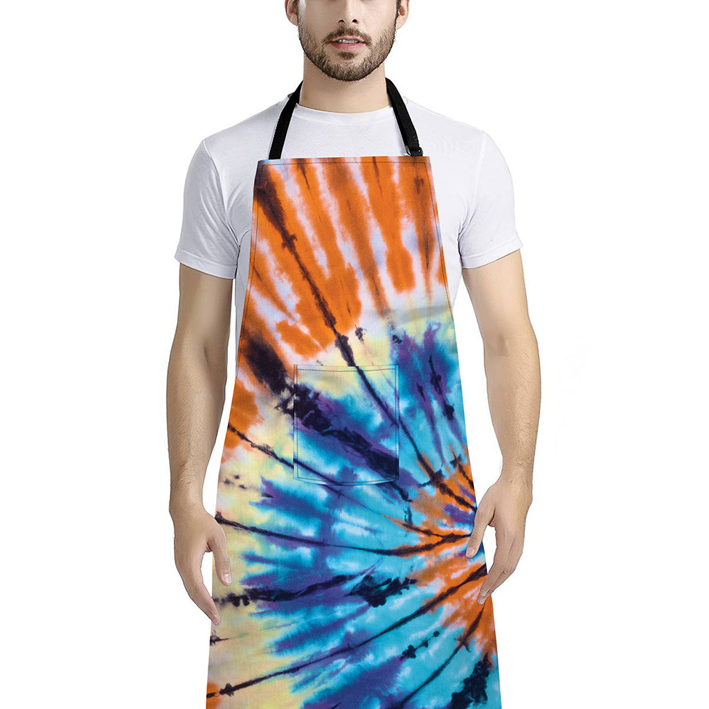 Blue And Orange Tie Dye Print Bib Apron With Pocket