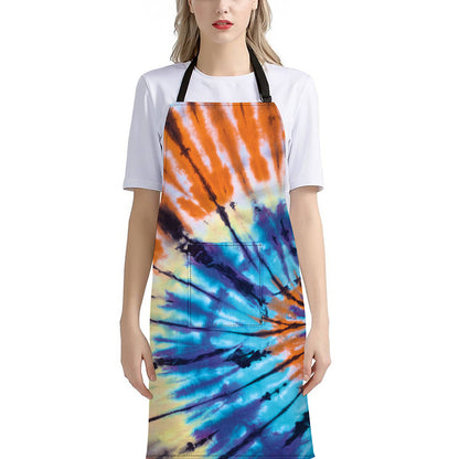 Blue And Orange Tie Dye Print Bib Apron With Pocket