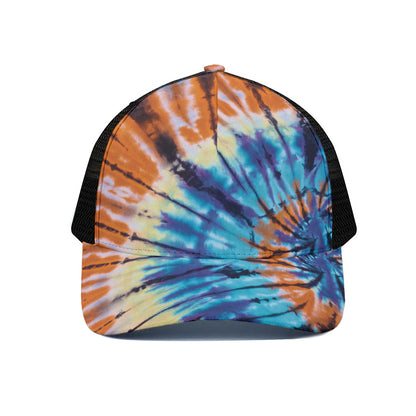 Blue And Orange Tie Dye Print Black Mesh Trucker Cap