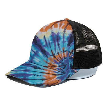 Blue And Orange Tie Dye Print Black Mesh Trucker Cap