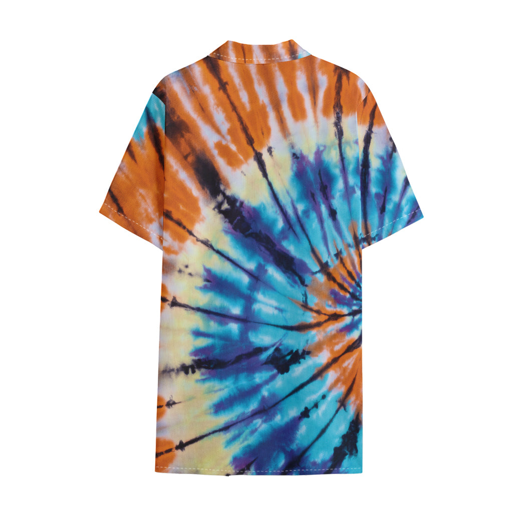 Blue And Orange Tie Dye Print Cotton Hawaiian Shirt