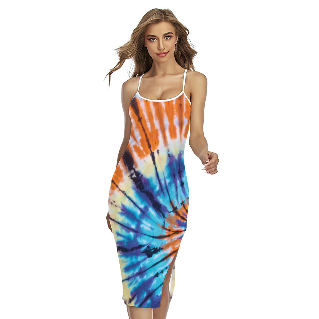 Blue And Orange Tie Dye Print Cross Back Cami Dress