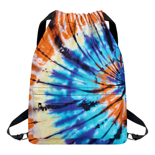 Blue And Orange Tie Dye Print Drawstring Backpack