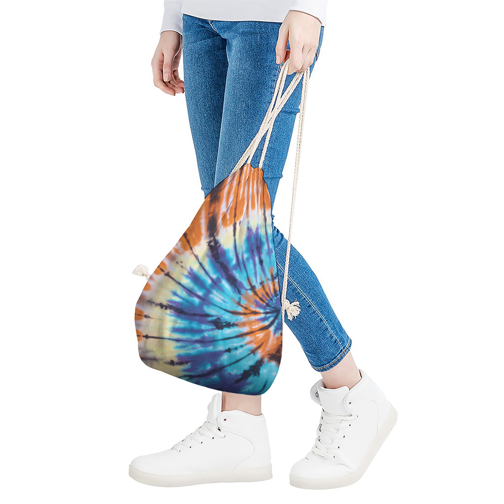Blue And Orange Tie Dye Print Drawstring Bag