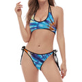 Blue And Orange Tie Dye Print Halter Scoop Tie Side Bikini