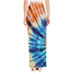 Blue And Orange Tie Dye Print High Slit Maxi Skirt