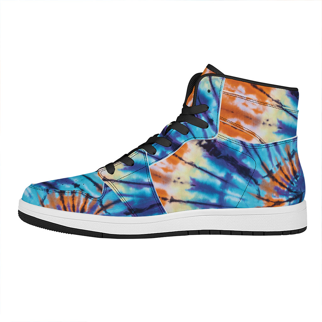 Blue And Orange Tie Dye Print High Top Leather Sneakers