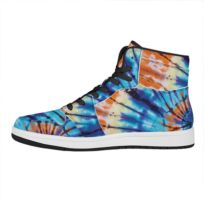 Blue And Orange Tie Dye Print High Top Leather Sneakers