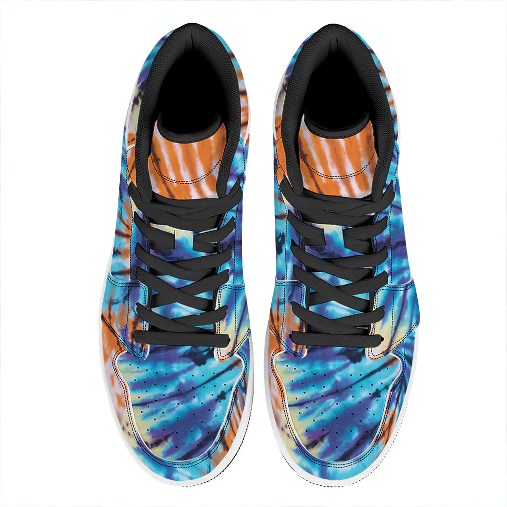 Blue And Orange Tie Dye Print High Top Leather Sneakers