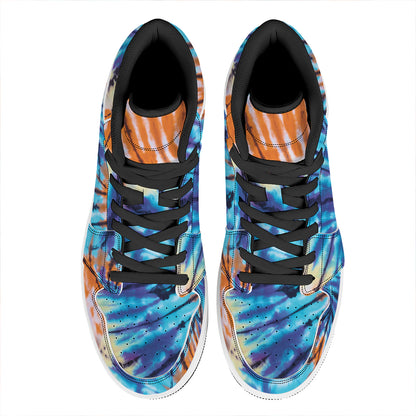 Blue And Orange Tie Dye Print High Top Leather Sneakers