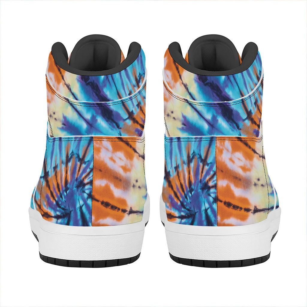 Blue And Orange Tie Dye Print High Top Leather Sneakers