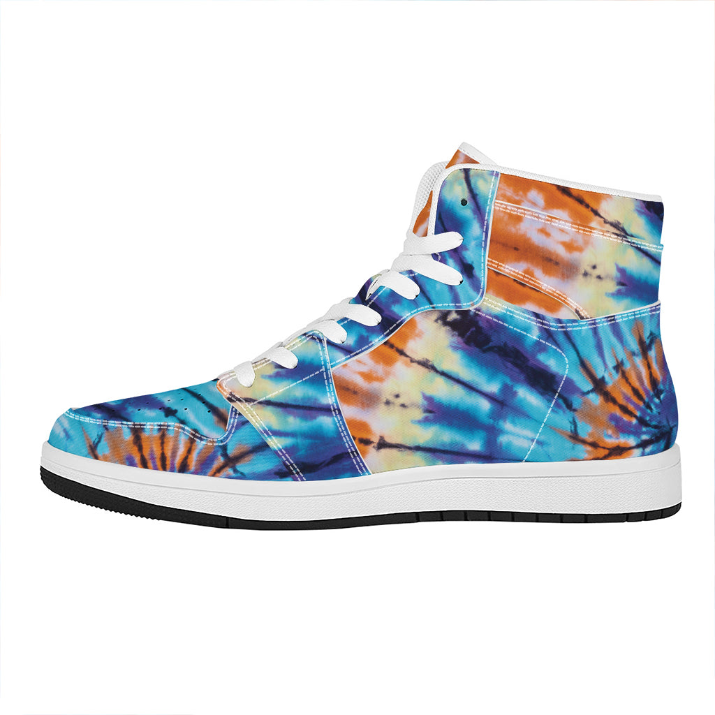 Blue And Orange Tie Dye Print High Top Leather Sneakers