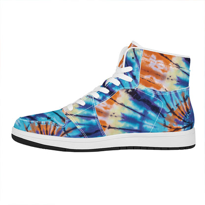 Blue And Orange Tie Dye Print High Top Leather Sneakers