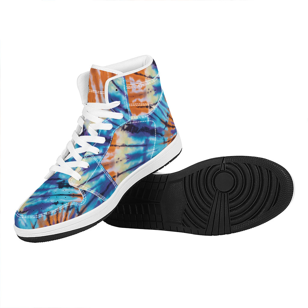 Blue And Orange Tie Dye Print High Top Leather Sneakers
