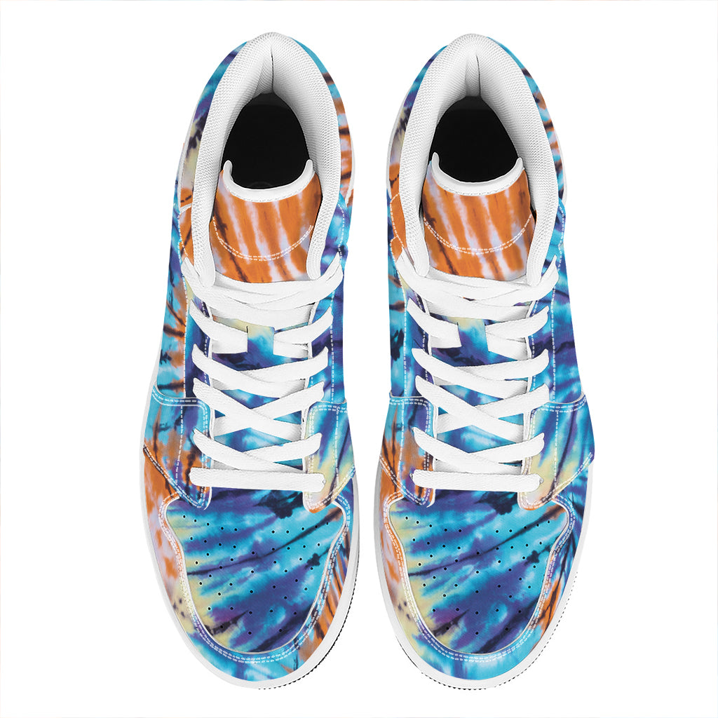 Blue And Orange Tie Dye Print High Top Leather Sneakers
