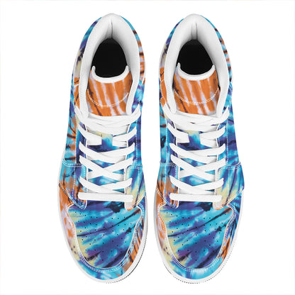 Blue And Orange Tie Dye Print High Top Leather Sneakers